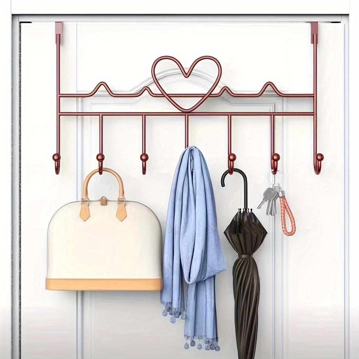 Stylish Metal Door Hook Rack featuring Heart Design - Single Portable Hanger for Coats, Towels, and Bags on Black Doors