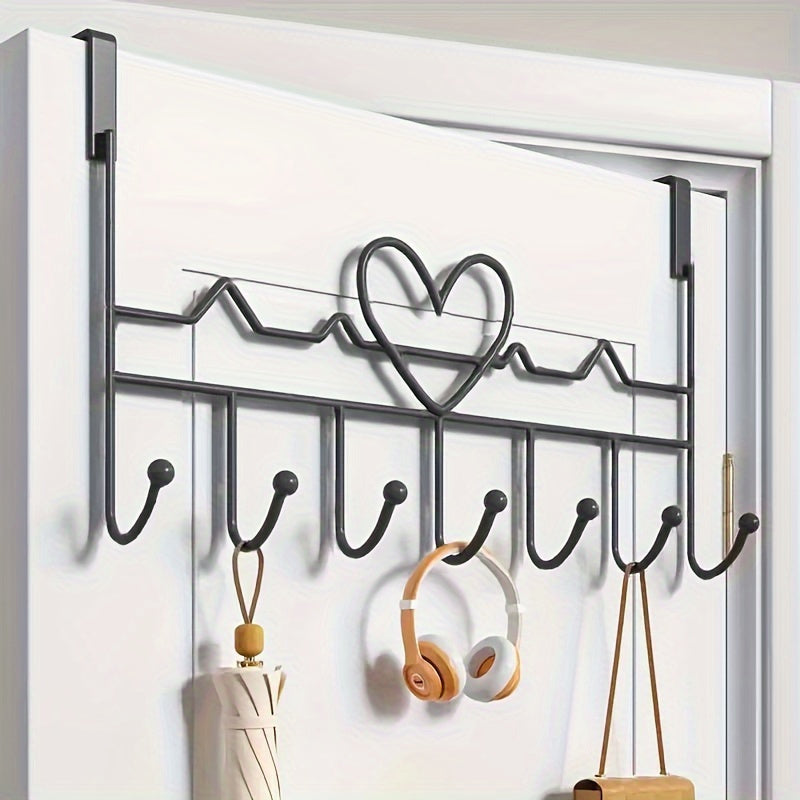 Stylish Metal Door Hook Rack featuring Heart Design - Single Portable Hanger for Coats, Towels, and Bags on Black Doors