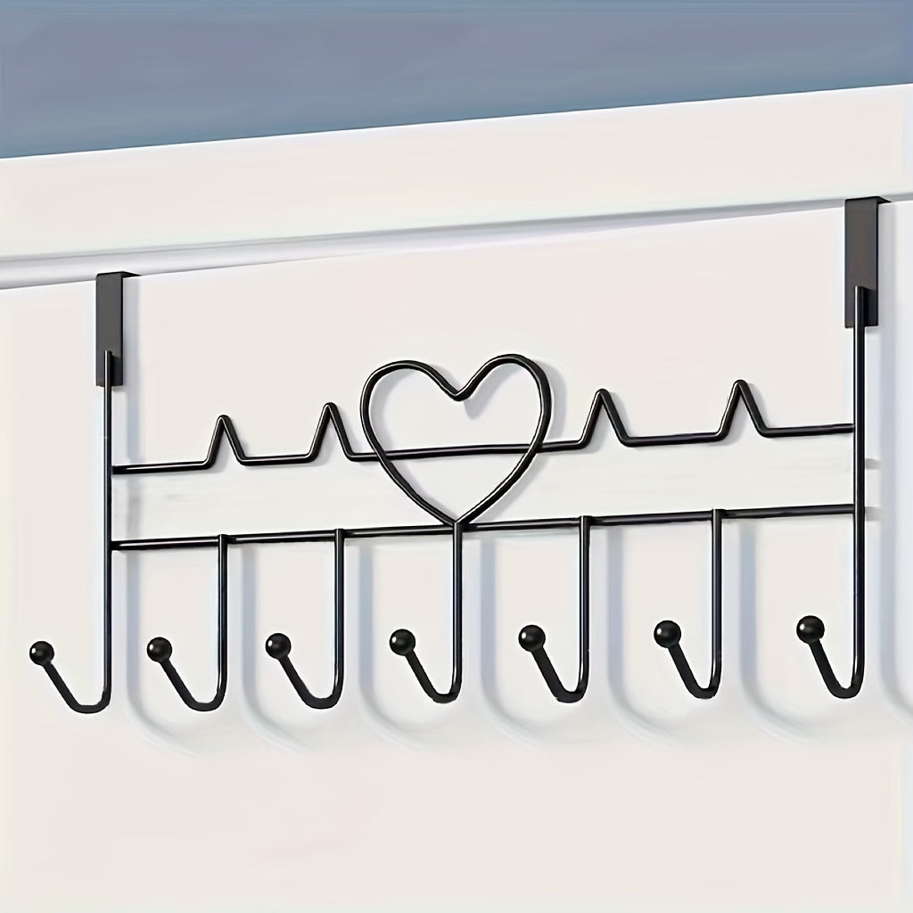 Stylish Metal Door Hook Rack featuring Heart Design - Single Portable Hanger for Coats, Towels, and Bags on Black Doors