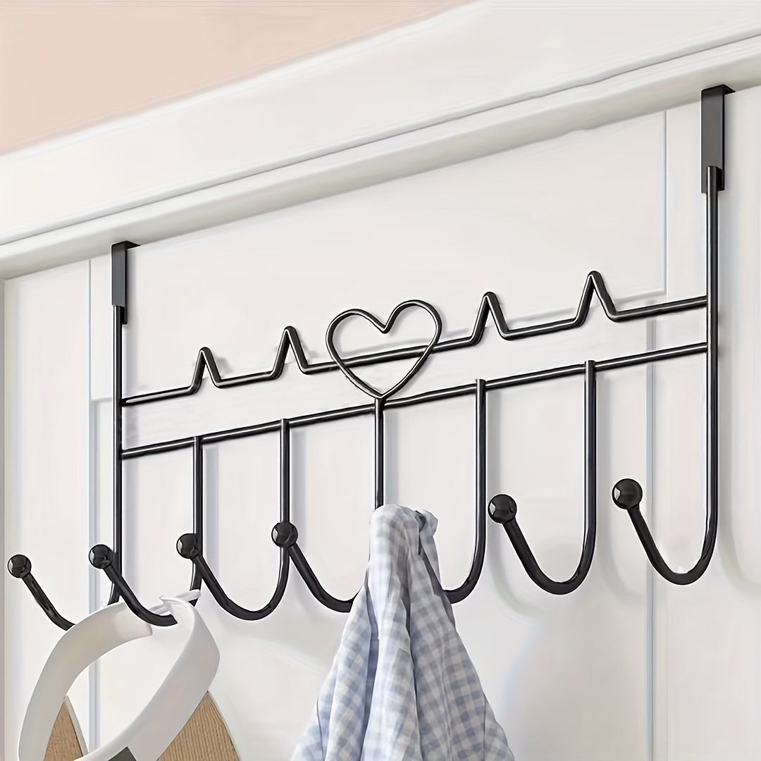 Stylish Metal Door Hook Rack featuring Heart Design - Single Portable Hanger for Coats, Towels, and Bags on Black Doors