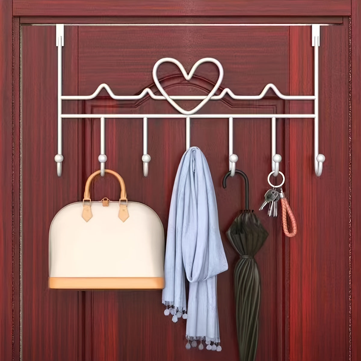 Stylish Metal Door Hook Rack featuring Heart Design - Single Portable Hanger for Coats, Towels, and Bags on Black Doors