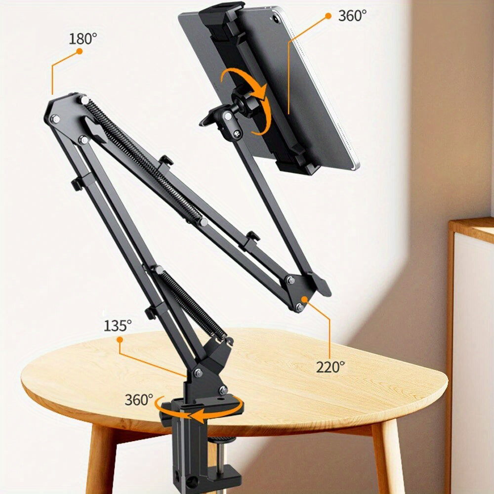 Aluminum tablet stand with 360° rotating arm, suitable for iPad, Xiaomi, Lenovo, Samsung Tab.