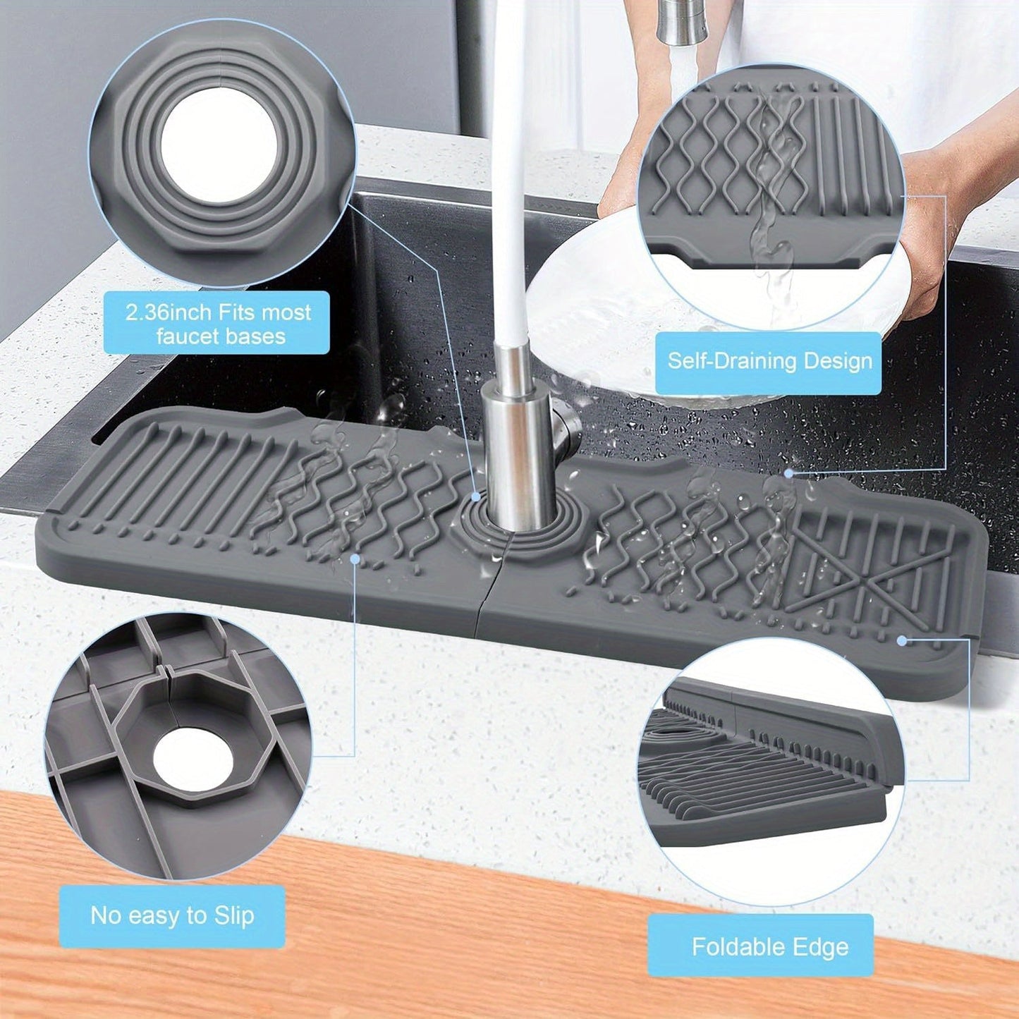 Silicone Sink Mat, 1 Piece, Anti-Splash, Non-Slip, Designed with a 5° Slope, Features Foldable Edge for Space-Saving, Efficient Water-Draining, Suitable for Kitchen, Bathroom, RV - Size: 12.95 cm