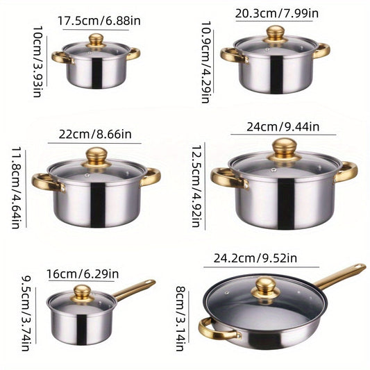 Set of 12 Stainless Steel Cookware Pieces with Non-Stick Coating, Elegant Gold-Plated Handles, Suitable for Gas & Induction Stovetops, Comes with Soup Pots, Frying Pans, and Milk Pans