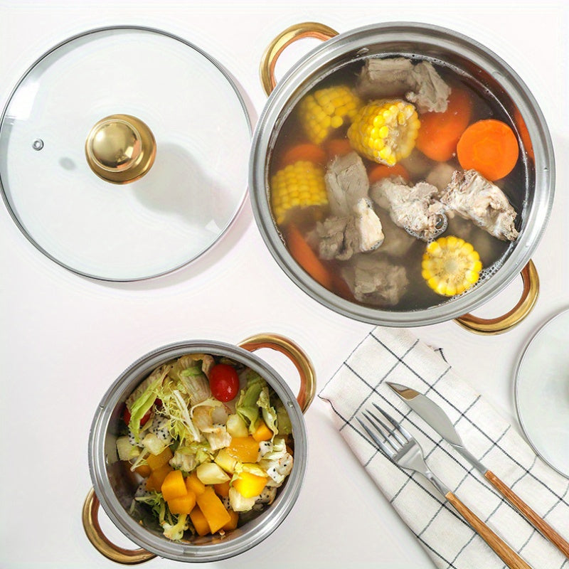 BAIJL offers a 12-piece cookware set made of durable stainless steel, featuring non-stick surfaces and elegant gold-plated handles suitable for both gas and induction stoves. This set includes pots for soup, frying, and milk for all your cooking needs.