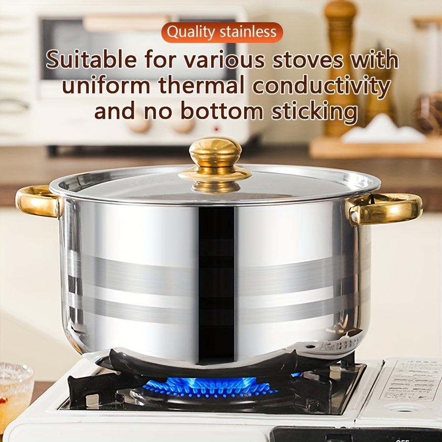 A collection of ten stainless steel stew pots with matching lids. These versatile kitchen tools are compatible with induction cooktops and feature double handles for easy transport. Perfect for cooking soups, stews, and noodles, this set includes five