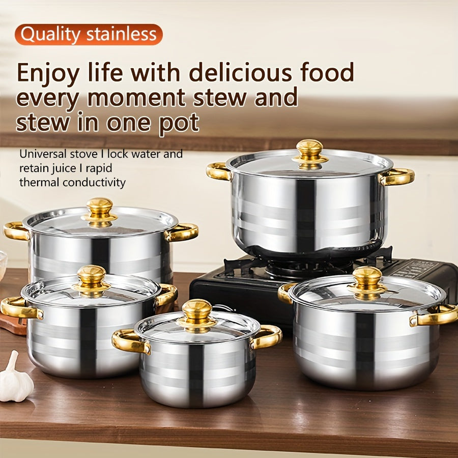 A collection of ten stainless steel stew pots with matching lids. These versatile kitchen tools are compatible with induction cooktops and feature double handles for easy transport. Perfect for cooking soups, stews, and noodles, this set includes five