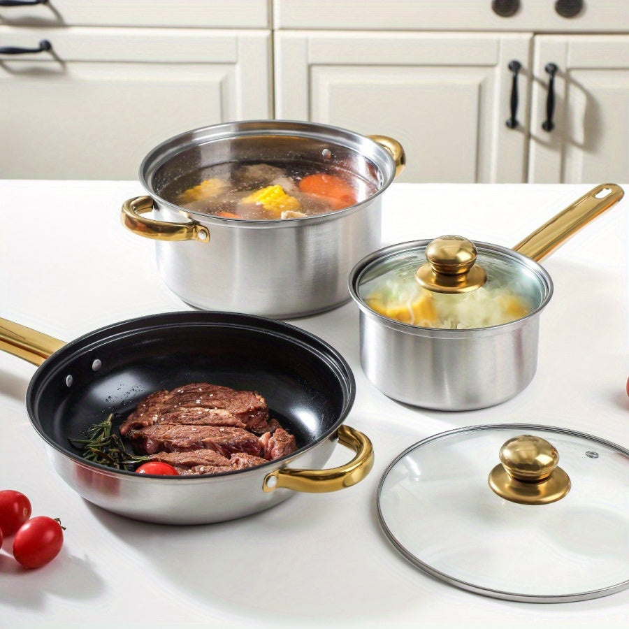 BAIJL offers a 12-piece cookware set made of durable stainless steel, featuring non-stick surfaces and elegant gold-plated handles suitable for both gas and induction stoves. This set includes pots for soup, frying, and milk for all your cooking needs.