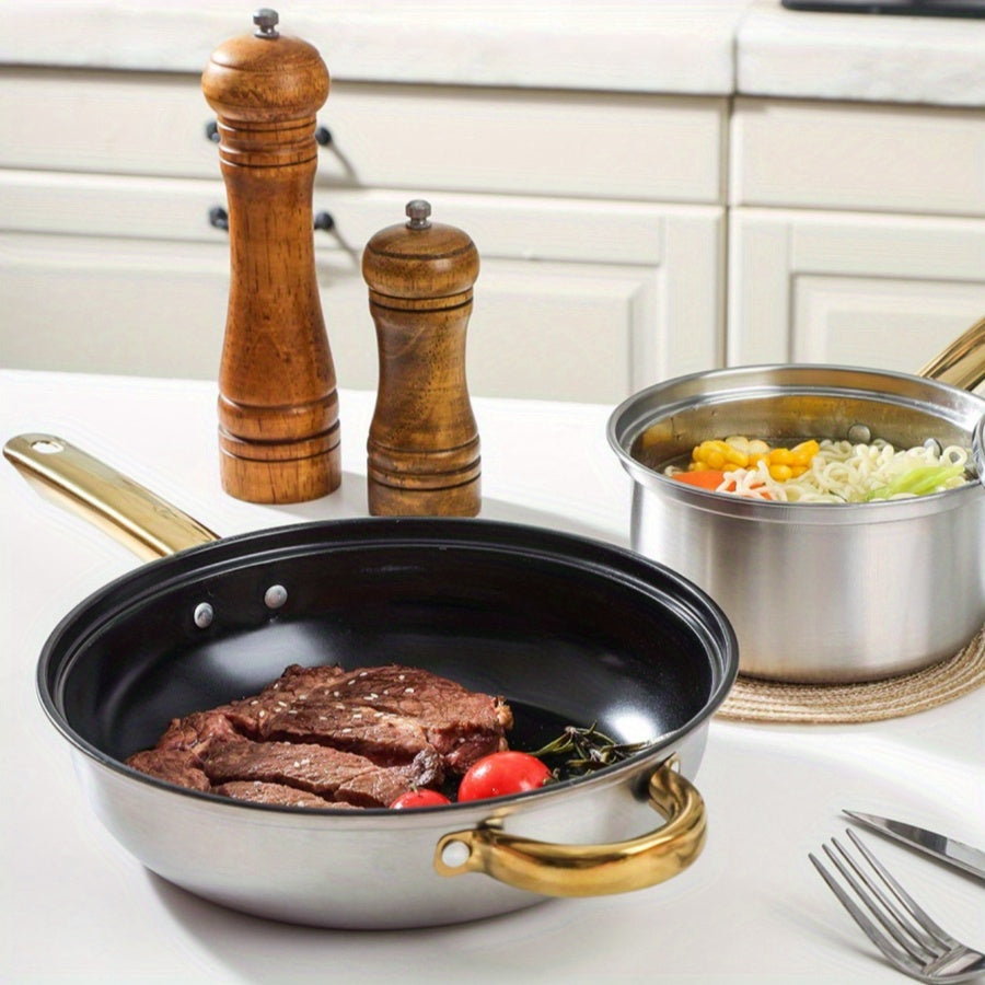 BAIJL offers a 12-piece cookware set made of durable stainless steel, featuring non-stick surfaces and elegant gold-plated handles suitable for both gas and induction stoves. This set includes pots for soup, frying, and milk for all your cooking needs.