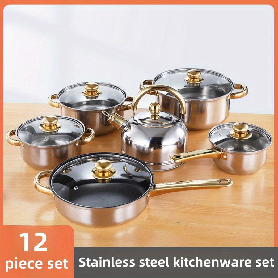 Upgrade your kitchen with the BAIJL 12-piece Stainless Steel Cookware Set featuring elegant golden handles. This set includes soup, milk, and frying pots as well as a kettle, perfect for both home kitchens and restaurants alike.