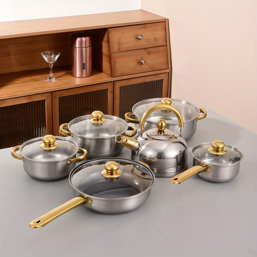 Upgrade your kitchen with the BAIJL 12-piece Stainless Steel Cookware Set featuring elegant golden handles. This set includes soup, milk, and frying pots as well as a kettle, perfect for both home kitchens and restaurants alike.