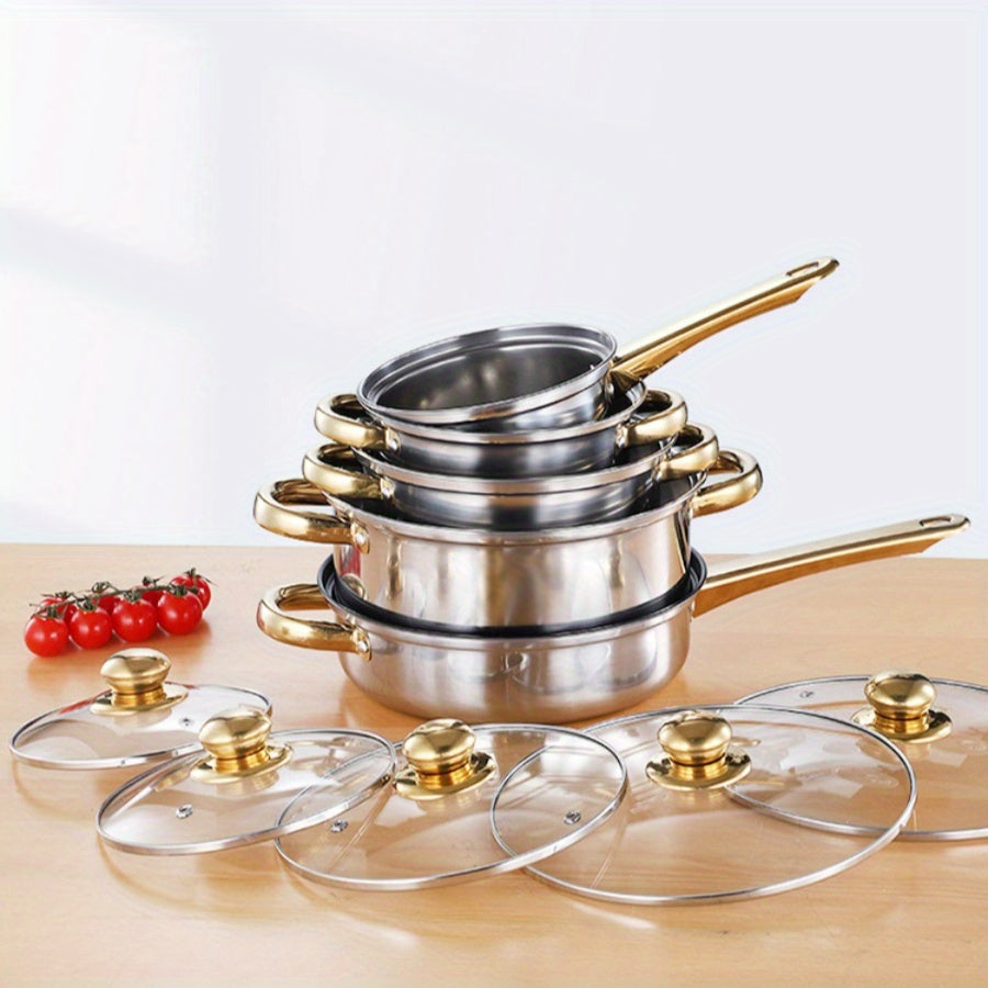 Upgrade your kitchen with the BAIJL 12-piece Stainless Steel Cookware Set featuring elegant golden handles. This set includes soup, milk, and frying pots as well as a kettle, perfect for both home kitchens and restaurants alike.