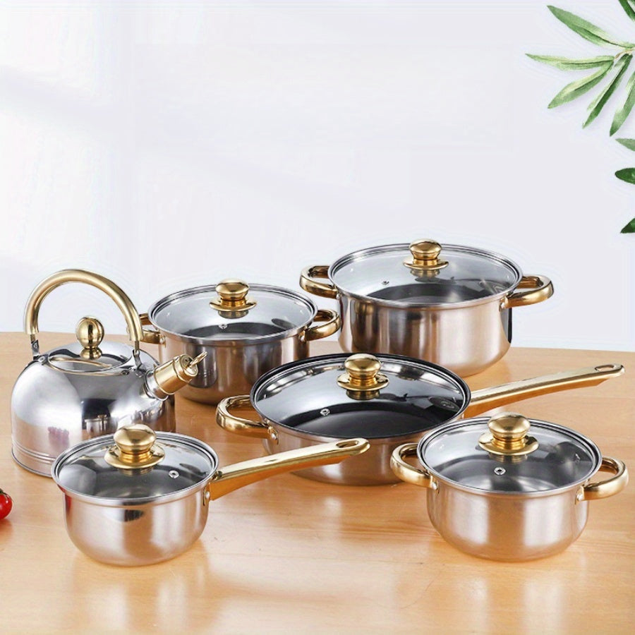 Upgrade your kitchen with the BAIJL 12-piece Stainless Steel Cookware Set featuring elegant golden handles. This set includes soup, milk, and frying pots as well as a kettle, perfect for both home kitchens and restaurants alike.