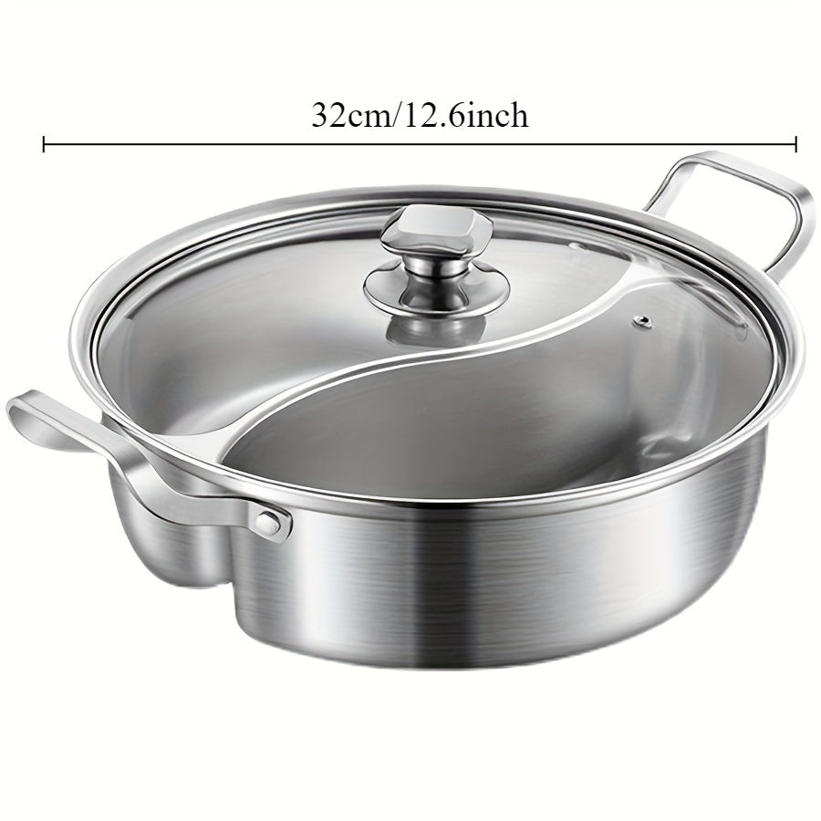 32.0cm Stainless Steel Stockpot with Dual-Boiler Chinese Hot Pot Set, Suitable for Induction Cooktops, Divided Flavor Cooking Pot with Dual Chambers and Enhanced Thickness.