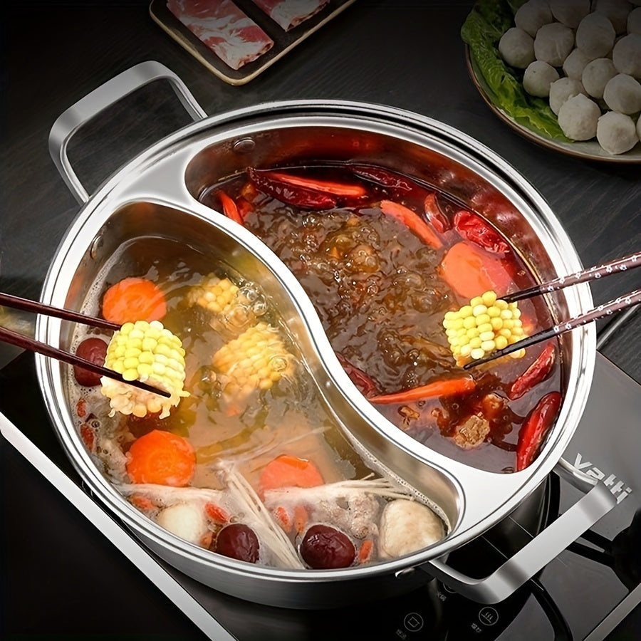 32.0cm Stainless Steel Stockpot with Dual-Boiler Chinese Hot Pot Set, Suitable for Induction Cooktops, Divided Flavor Cooking Pot with Dual Chambers and Enhanced Thickness.