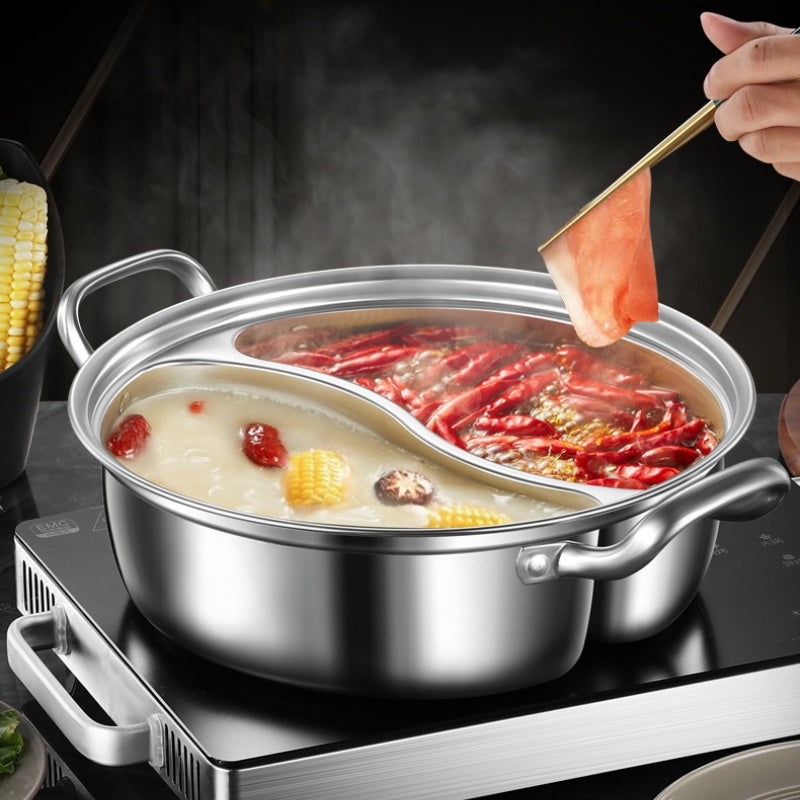 32.0cm Stainless Steel Stockpot with Dual-Boiler Chinese Hot Pot Set, Suitable for Induction Cooktops, Divided Flavor Cooking Pot with Dual Chambers and Enhanced Thickness.