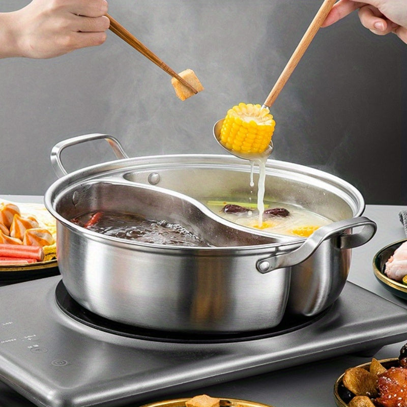 32.0cm Stainless Steel Stockpot with Dual-Boiler Chinese Hot Pot Set, Suitable for Induction Cooktops, Divided Flavor Cooking Pot with Dual Chambers and Enhanced Thickness.