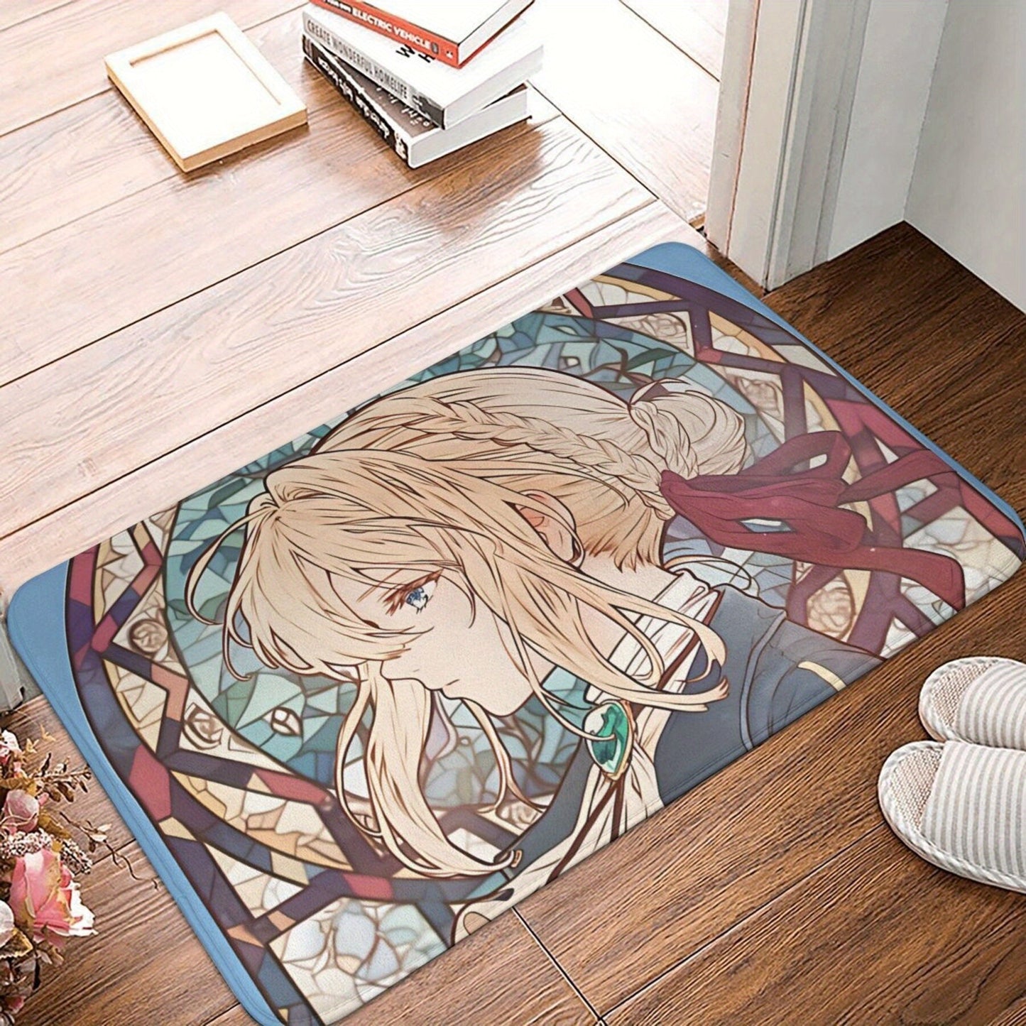 Non-Slip Machine Washable Polyester Rug with Stained Glass Design for Home Decor - Merry Christmas Violet Evergarden