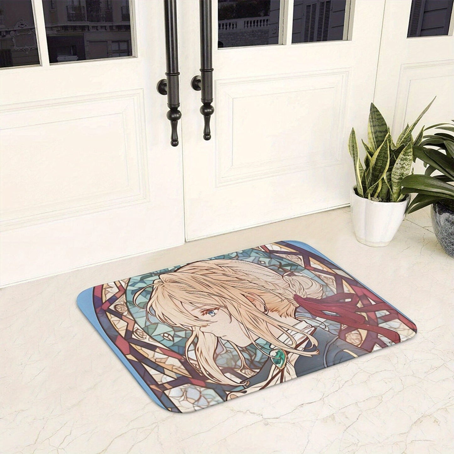 Non-Slip Machine Washable Polyester Rug with Stained Glass Design for Home Decor - Merry Christmas Violet Evergarden