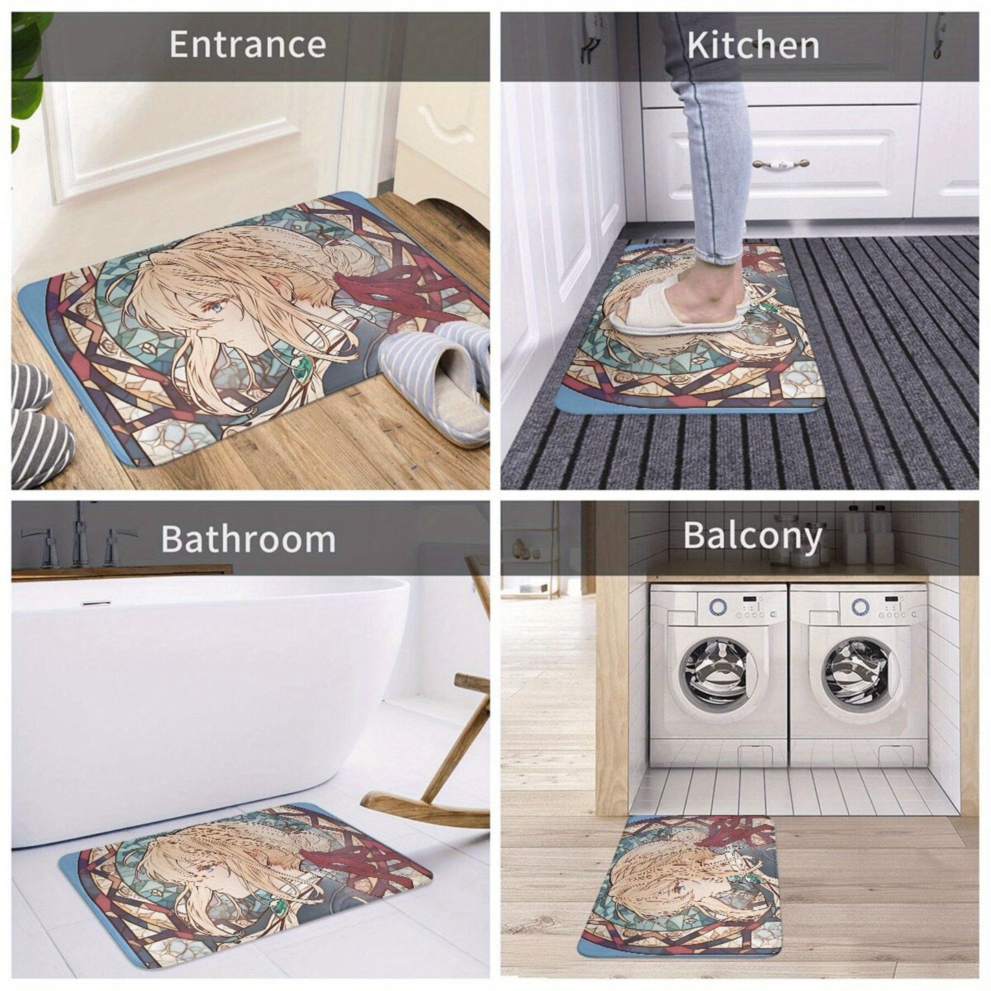 Non-Slip Machine Washable Polyester Rug with Stained Glass Design for Home Decor - Merry Christmas Violet Evergarden