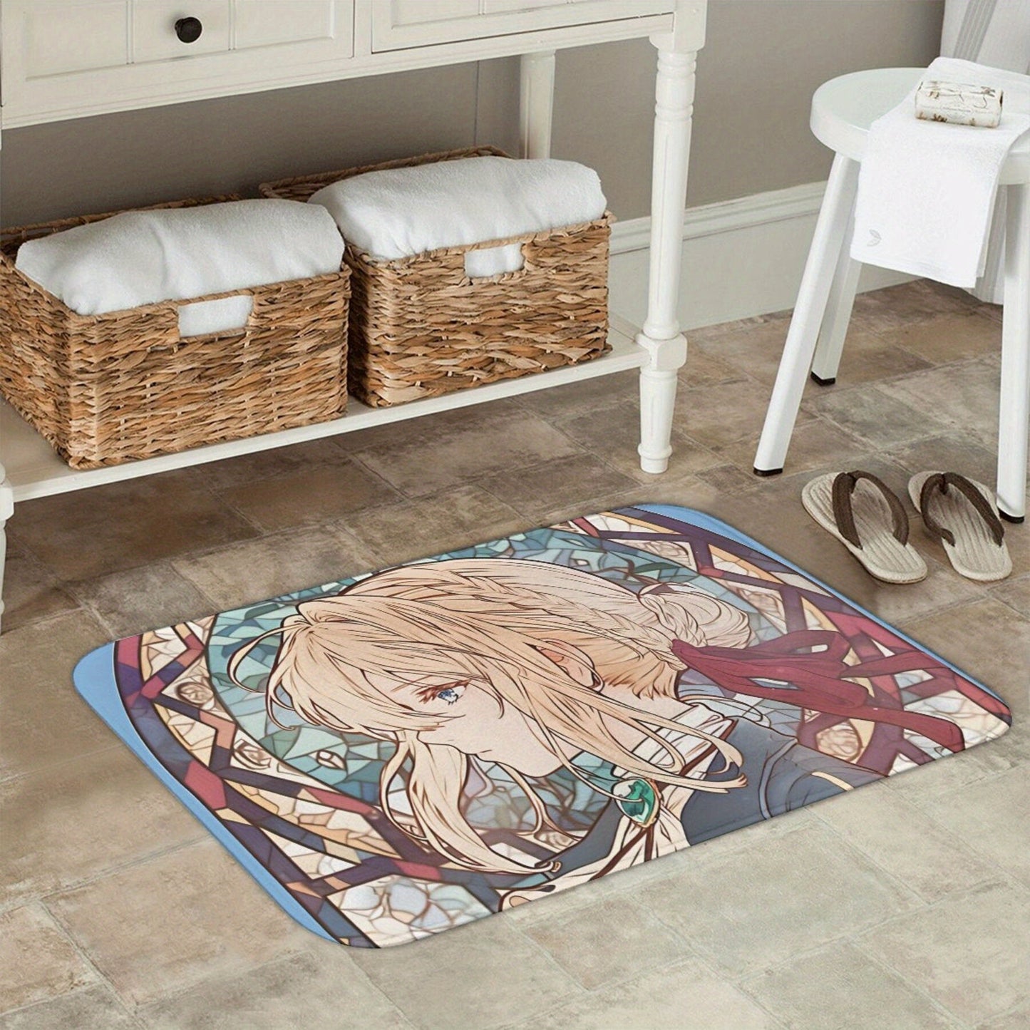 Non-Slip Machine Washable Polyester Rug with Stained Glass Design for Home Decor - Merry Christmas Violet Evergarden