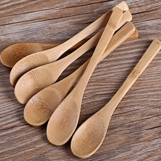 6-piece durable wooden spoon set with long handles, ideal for using with coffee, honey, ice cream, and desserts. Anti-scald material ensures safety during use.