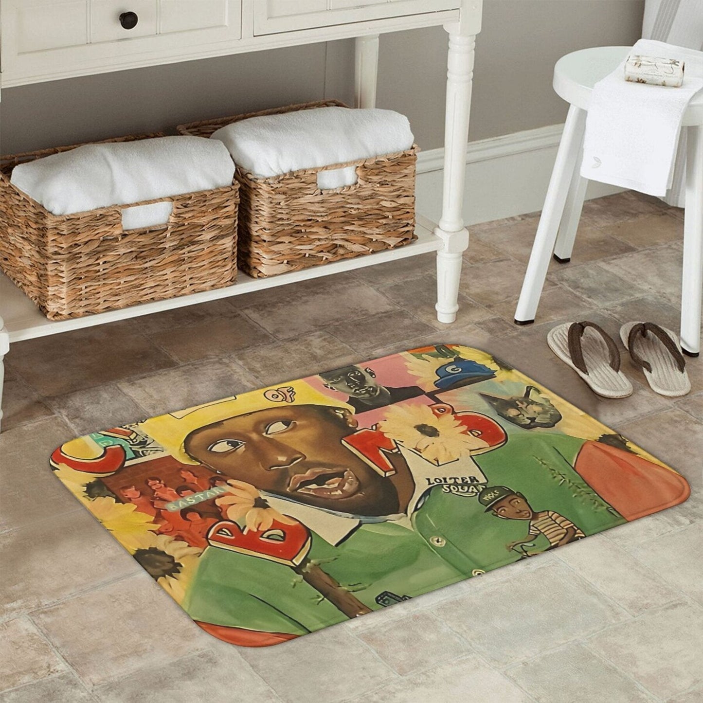 Introducing the Tyler the Singer-Inspired Bath Mat - A lightweight, machine-washable polyester doormat designed for the kitchen and entrance. Add a touch of festive cheer to your home decor this Christmas season with this stylish Christmas-themed decor