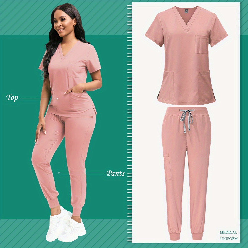 High-quality women's polyester scrubs with patch pocket for nurse uniform, ideal for beauty spa or veterinary dentistry. Professional nurse apparel and accessories for work.