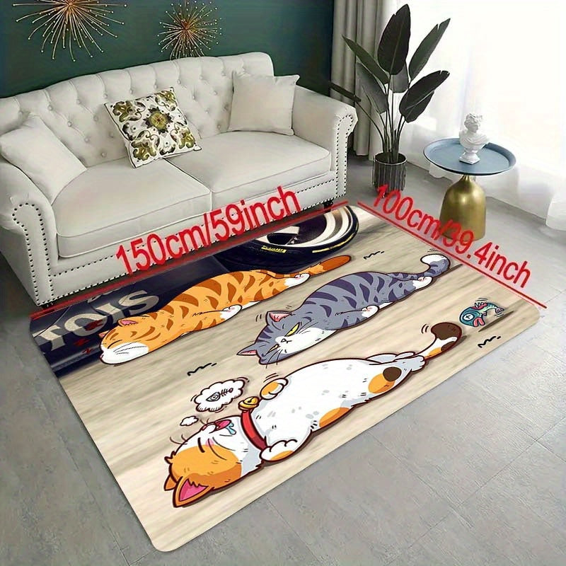 1 piece of kitchen floor mat measuring 1.1cm thickness with an adorable three cute kitten pattern design. This floor mat is thickened for comfort, anti-slip for safety, wear-resistant for durability, and stain-resistant for easy maintenance. Perfect for