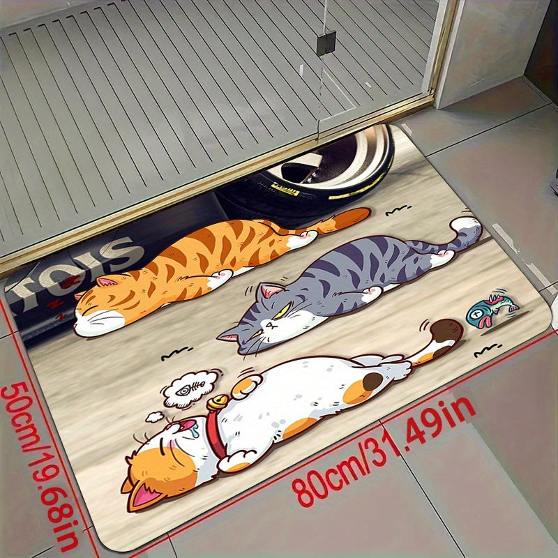 1 piece of kitchen floor mat measuring 1.1cm thickness with an adorable three cute kitten pattern design. This floor mat is thickened for comfort, anti-slip for safety, wear-resistant for durability, and stain-resistant for easy maintenance. Perfect for