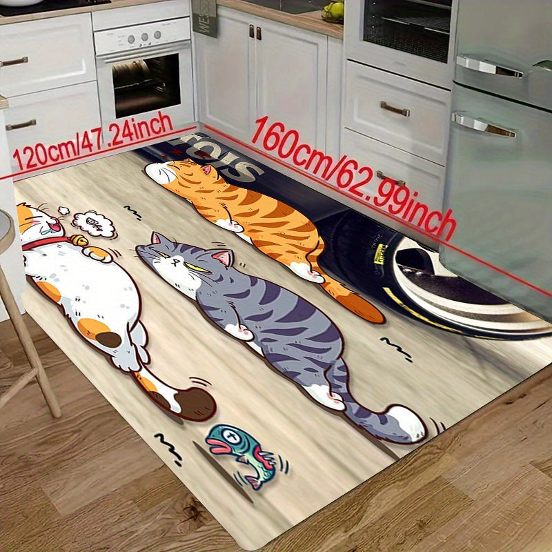 1 piece of kitchen floor mat measuring 1.1cm thickness with an adorable three cute kitten pattern design. This floor mat is thickened for comfort, anti-slip for safety, wear-resistant for durability, and stain-resistant for easy maintenance. Perfect for