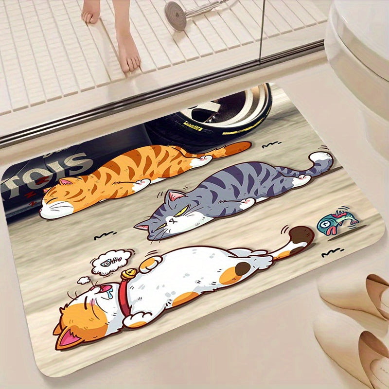 1 piece of kitchen floor mat measuring 1.1cm thickness with an adorable three cute kitten pattern design. This floor mat is thickened for comfort, anti-slip for safety, wear-resistant for durability, and stain-resistant for easy maintenance. Perfect for