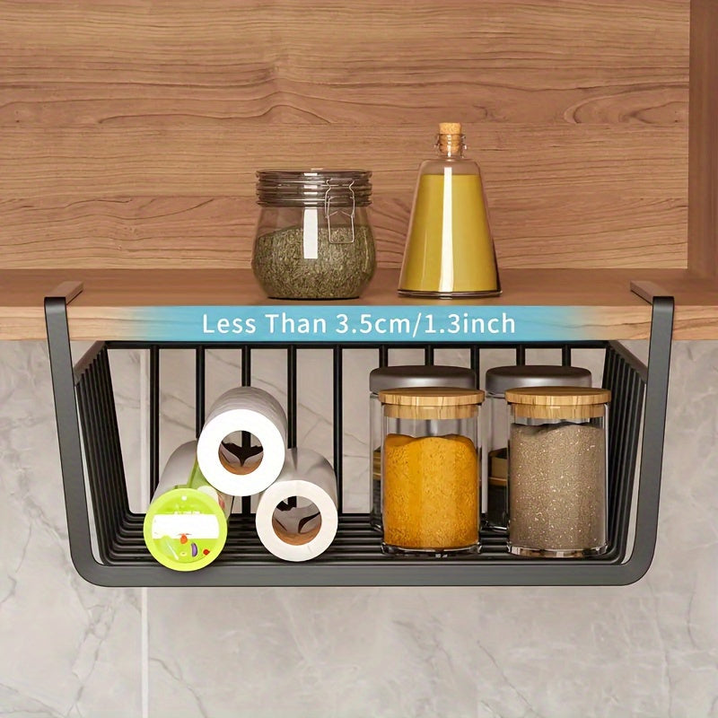 Organize your kitchen with ease using the 1pc Multipurpose Hanging Kitchen Organizer. This under cabinet shelf requires no drilling for installation and provides ample space for all your cookware essentials. With effortless setup and versatile use, this