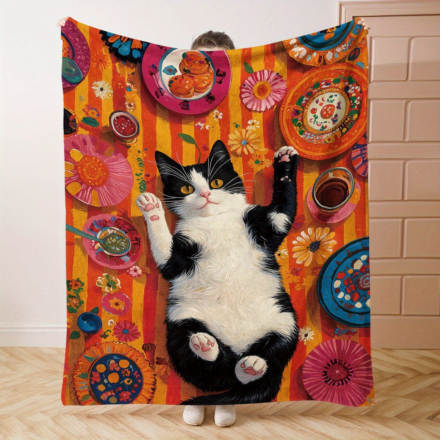 Softly knitted from polyester, this black and white cat print flannel throw blanket designed in a mid-century modern style is suitable for all seasons. Perfect for use on beds, sofas, in offices, or while camping, the mixed color oil painting design adds