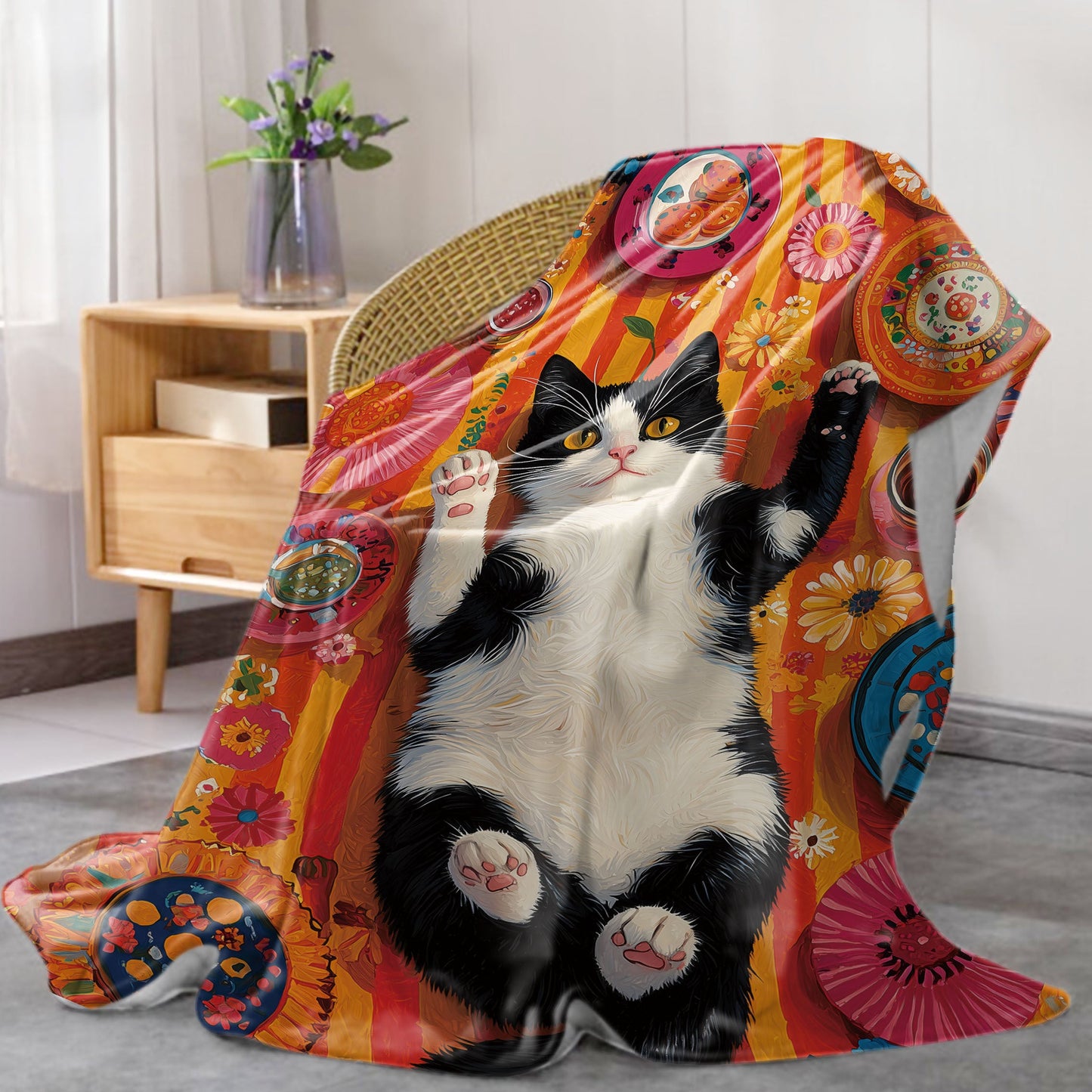 Softly knitted from polyester, this black and white cat print flannel throw blanket designed in a mid-century modern style is suitable for all seasons. Perfect for use on beds, sofas, in offices, or while camping, the mixed color oil painting design adds