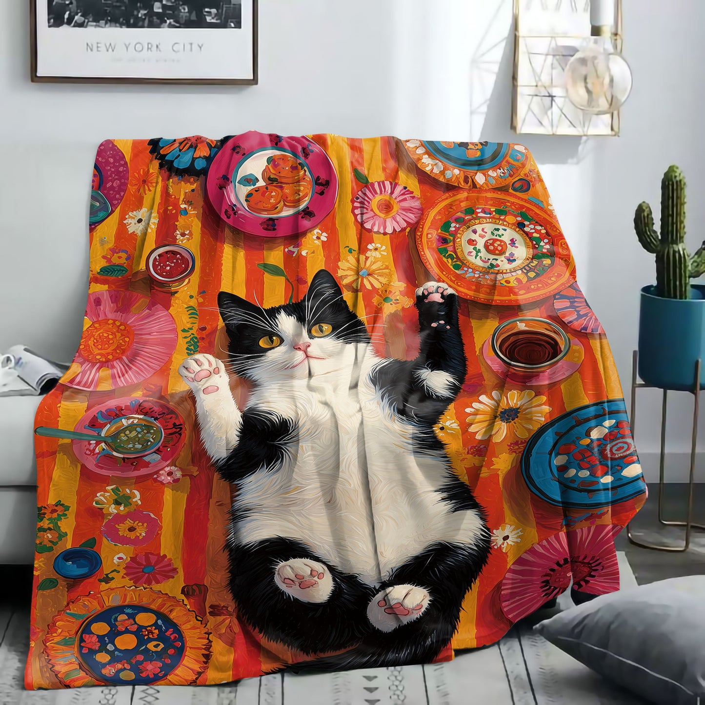 Softly knitted from polyester, this black and white cat print flannel throw blanket designed in a mid-century modern style is suitable for all seasons. Perfect for use on beds, sofas, in offices, or while camping, the mixed color oil painting design adds