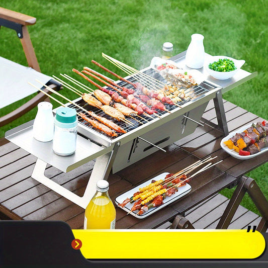 Durable Stainless Steel Portable BBQ Grill - Convenient, Foldable Charcoal Grill for Outdoor Camping & Picnics, Quick One-Click Assembly