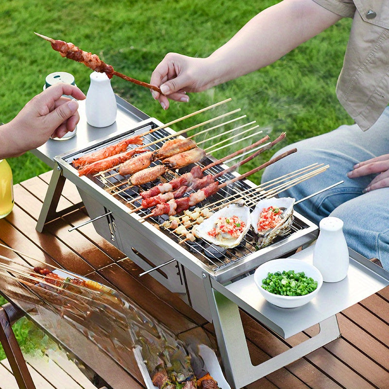 Durable Stainless Steel Portable BBQ Grill - Convenient, Foldable Charcoal Grill for Outdoor Camping & Picnics, Quick One-Click Assembly