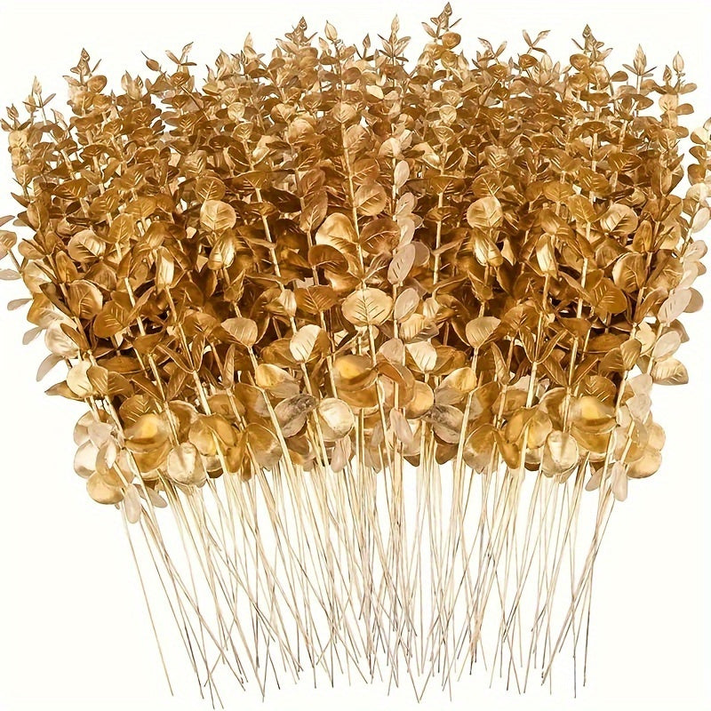 10-piece set of artificial golden eucalyptus stems for home and wedding decor, ideal for vase fillers and tabletop accents.