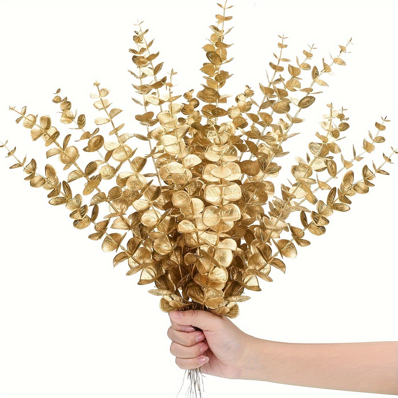 10-piece set of artificial golden eucalyptus stems for home and wedding decor, ideal for vase fillers and tabletop accents.