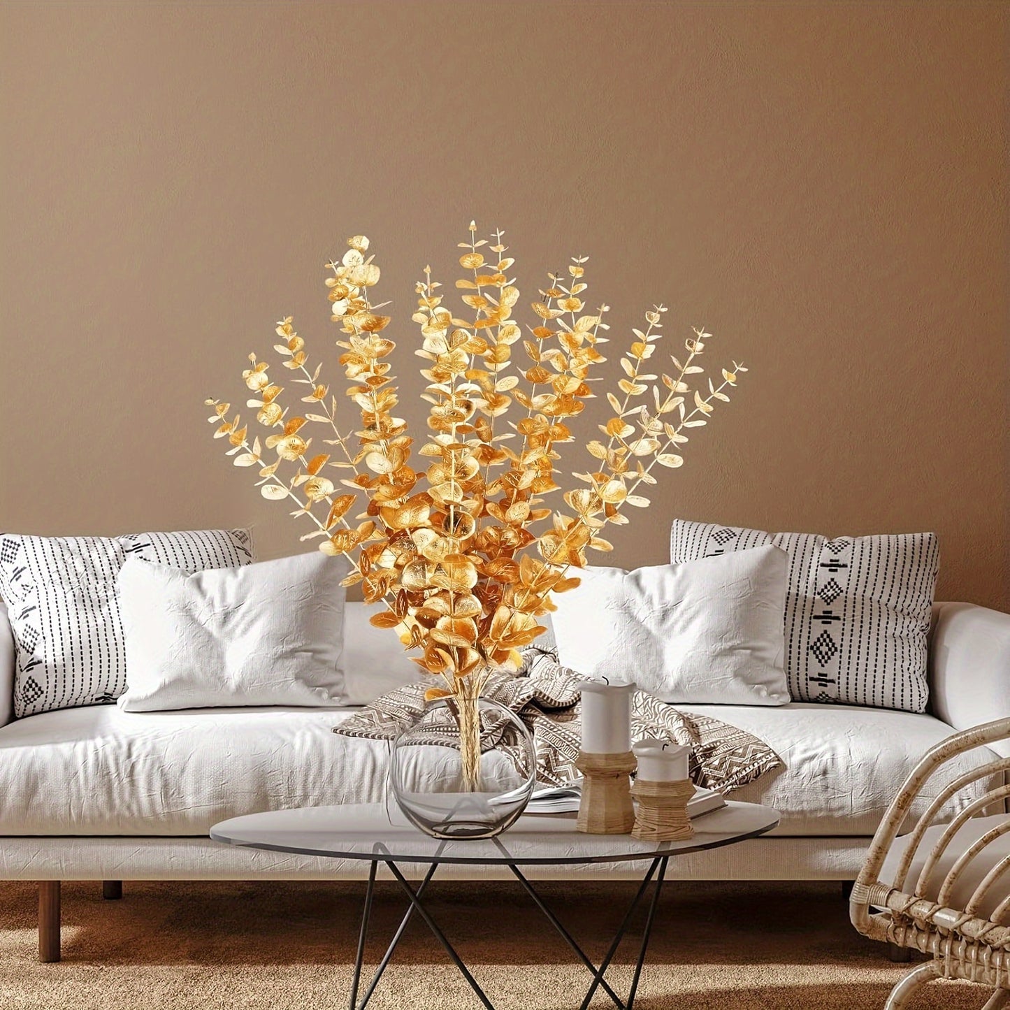 10-piece set of artificial golden eucalyptus stems for home and wedding decor, ideal for vase fillers and tabletop accents.