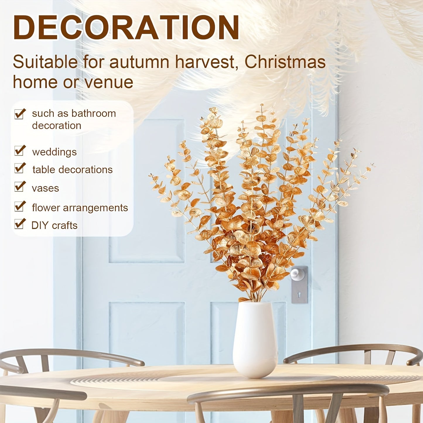 10-piece set of artificial golden eucalyptus stems for home and wedding decor, ideal for vase fillers and tabletop accents.