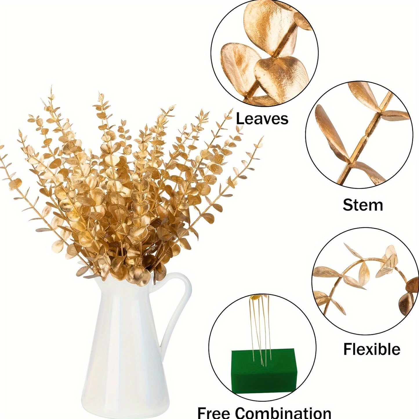 10-piece set of artificial golden eucalyptus stems for home and wedding decor, ideal for vase fillers and tabletop accents.