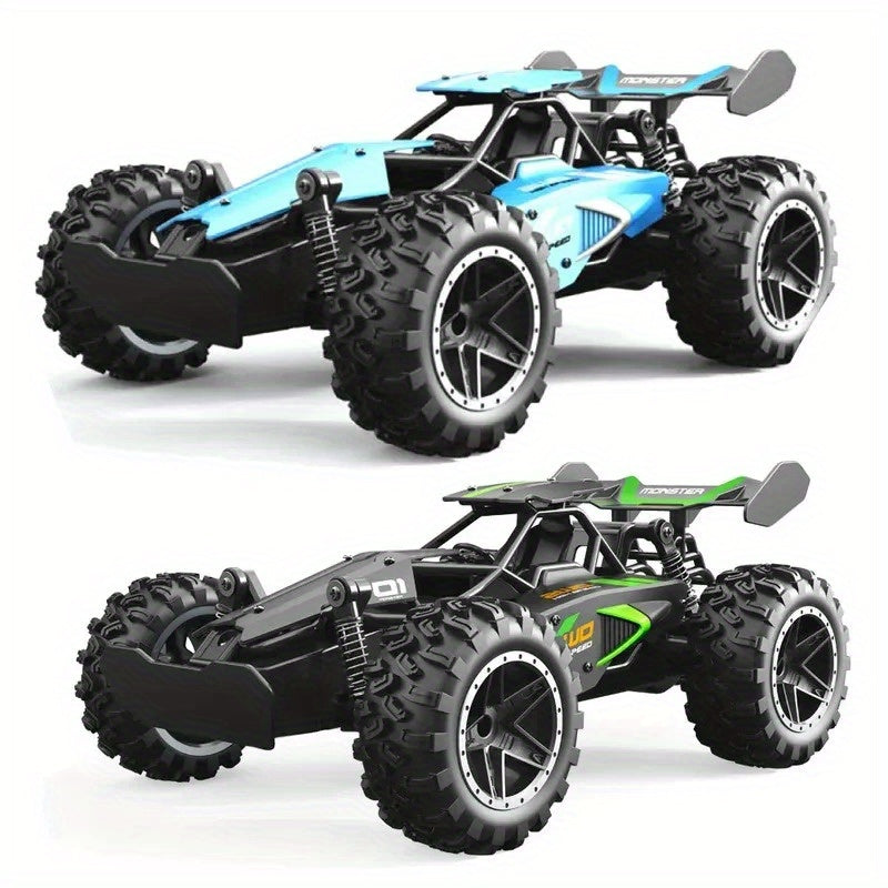 RC Monster Truck SUV with 2.4GHz remote control, 1:18 scale off-road vehicle, fantasy themed, battery/USB powered, weather-resistant, with rechargeable 500mAh battery, non-wireless control.