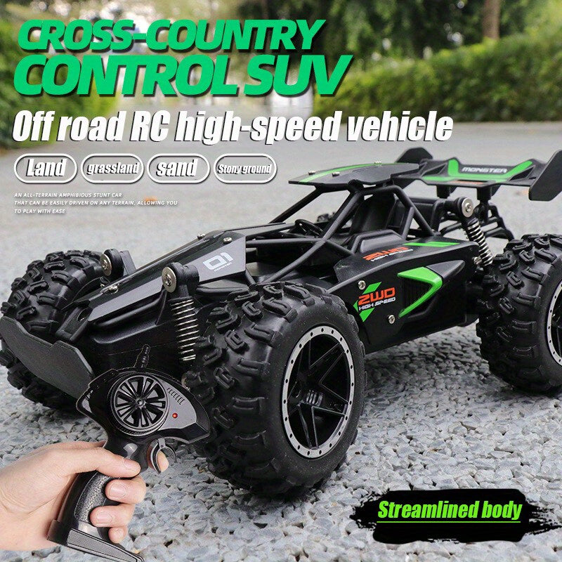 RC Monster Truck SUV with 2.4GHz remote control, 1:18 scale off-road vehicle, fantasy themed, battery/USB powered, weather-resistant, with rechargeable 500mAh battery, non-wireless control.