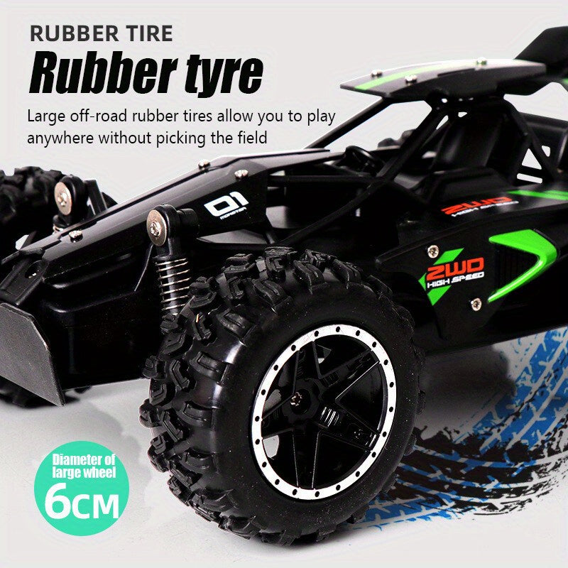 RC Monster Truck SUV with 2.4GHz remote control, 1:18 scale off-road vehicle, fantasy themed, battery/USB powered, weather-resistant, with rechargeable 500mAh battery, non-wireless control.