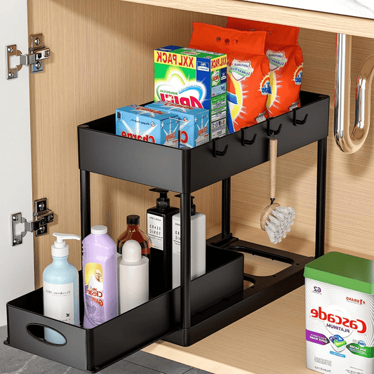 Organize your home with this versatile 2-Tier Metal Rolling Storage Cart. Perfect for use in the kitchen or bathroom, this cart features a convenient pull-out shelf that fits under cabinets. Its L-shaped design is ideal for placement next to sinks. Best