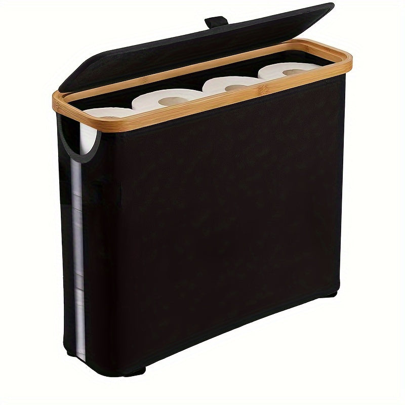 Modern rectangular bathroom storage basket with lid, perfect for towels and accessories. Features slim roll dispenser for up to 12 mega rolls, independent stand design, and includes laundry baskets.