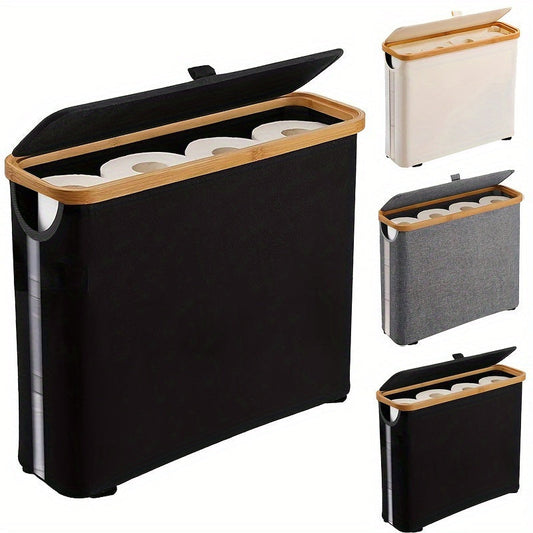 Modern rectangular bathroom storage basket with lid, perfect for towels and accessories. Features slim roll dispenser for up to 12 mega rolls, independent stand design, and includes laundry baskets.