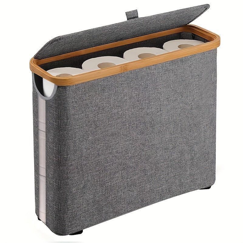 Modern rectangular bathroom storage basket with lid, perfect for towels and accessories. Features slim roll dispenser for up to 12 mega rolls, independent stand design, and includes laundry baskets.